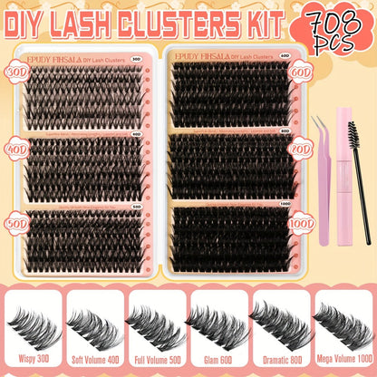Lash Extension Kit with 708 Clusters in 8-16mm Mixed Lengths and 30D-100D Densities, Glue, Tweezers and Brush