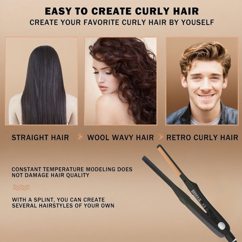 2-in-1 Ceramic Flat Iron Hair Straightener Curling Iron Adjustable Temperature Portable Mini Styling Tool for Short Hair Beard Women Men Travel Daily Use Gift Black