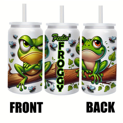 Frog Print Water Bottle Tumbler with Handle, Clear Foldable Straw and 16oz or 40oz Capacity Options