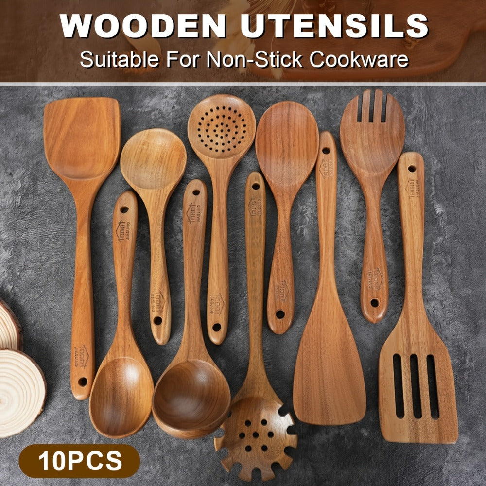 Wooden Spoons for Cooking 10 Pcs – Teak Wood Kitchen Utensils Set, Non-Stick Safe Spatulas & Spoon Cooking Tools