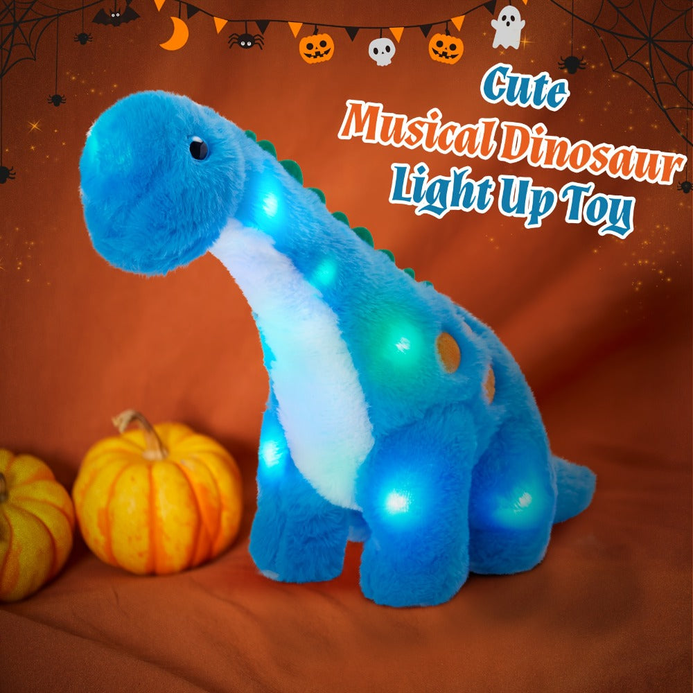 Plush Toy Blue Dinosaur with LED Glow and Optional Music for Colorful Interactive Display for Character Display, Room Decor and Gift