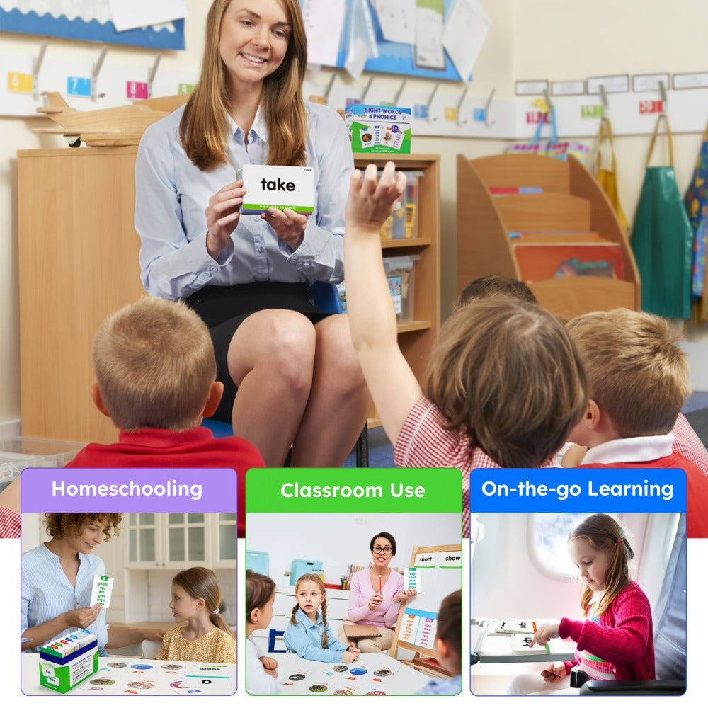 Sight Words and Phonics Flash Card Set with 500 Sight Words, 150 Phonics Cards and Three Learning Levels