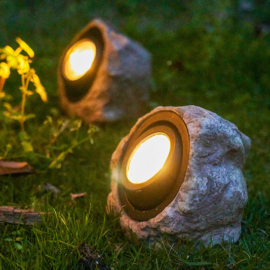 Solar Garden Light Rock Set of 2 with Warm White LEDs, IP44 Rating and Ground-Stake Installation