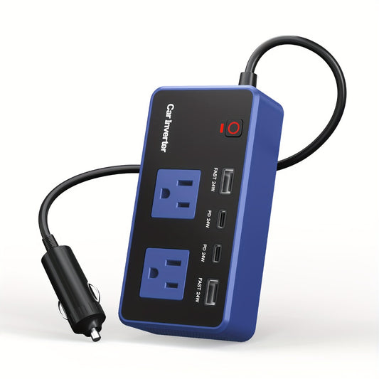 200W Car Power Inverter DC 12V to 110V AC Outlet + USB-C & USB-A 4.8A 24W, Car Plug Adapter Converter for Laptop Camping Travel Road Trip – Black / Blue