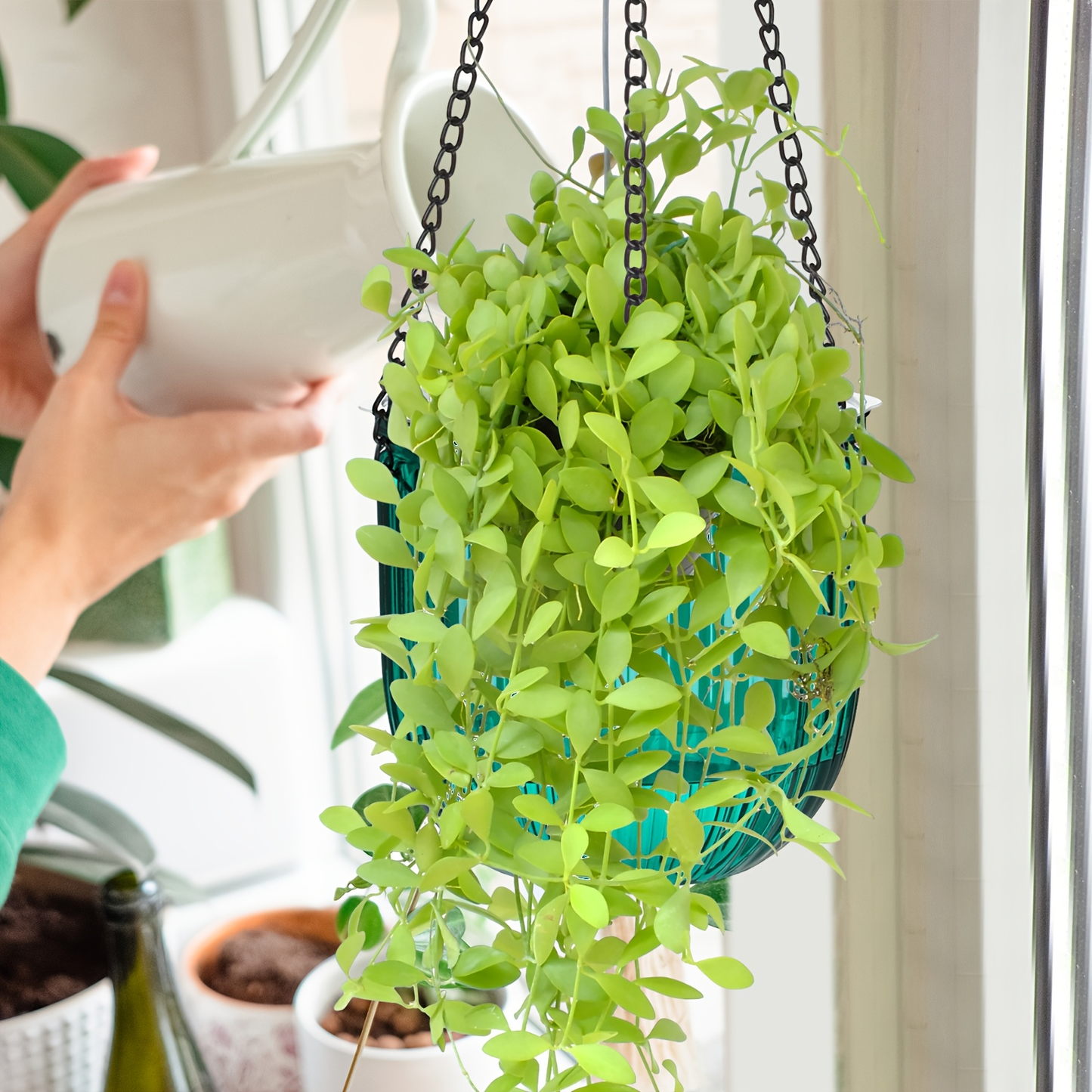 Four-Piece Self-Watering Hanging Planter Set with 6.5- and 4.5-Inch Pots, Hooks and Drainage Openings