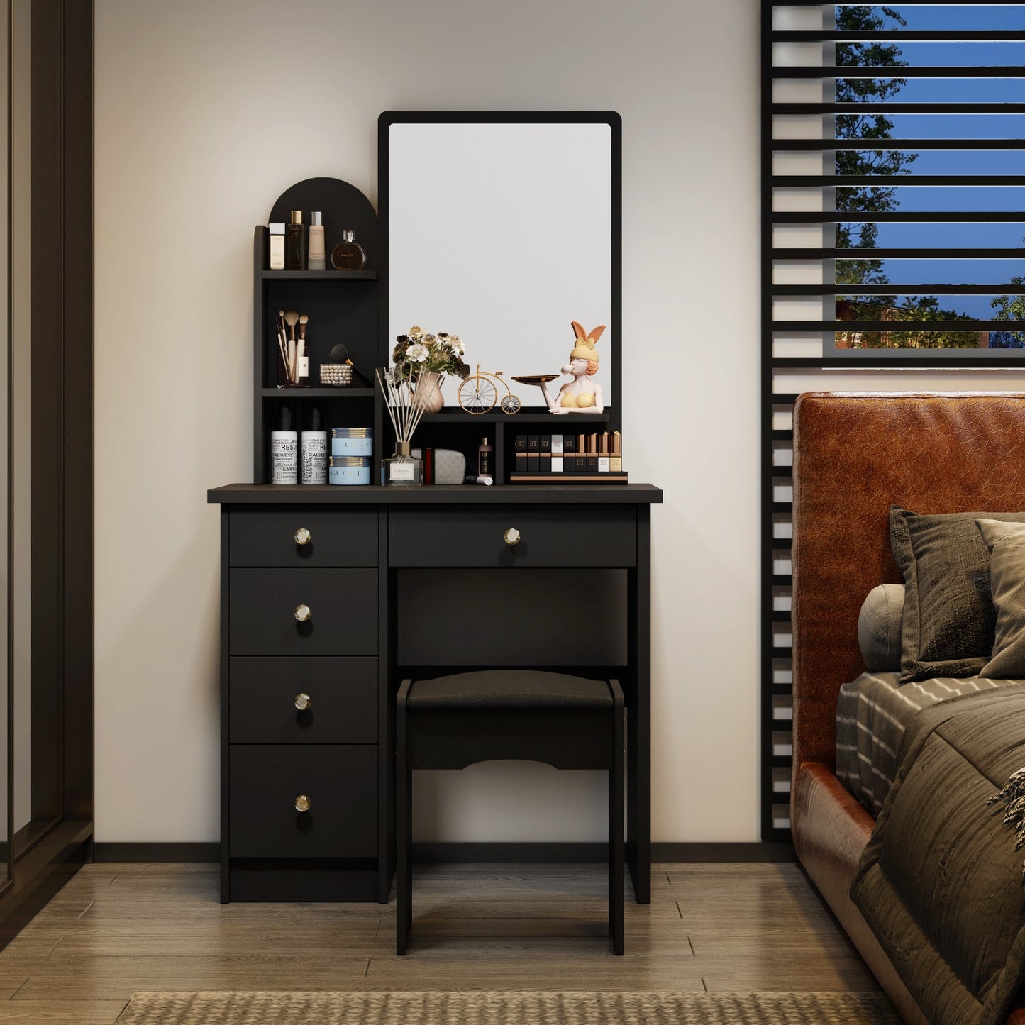 Vanity Desk shown in the Black, Without LED Light option