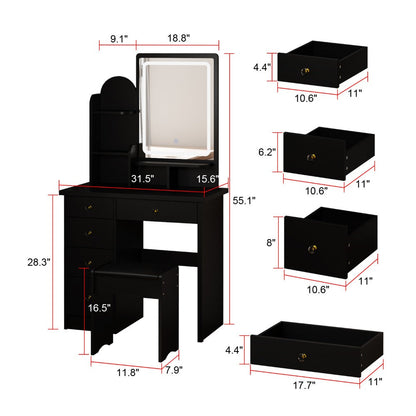 55-Inch Makeup Vanity Desk with LED Lighting and Padded Seat detail image - detail view 8