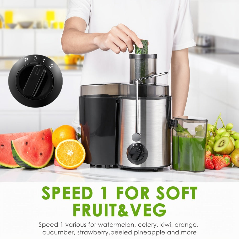 Black-and-Silver Centrifugal Juicer with Rear Pulp Bin, Juice Cup and 8cm-Labeled Feed Opening