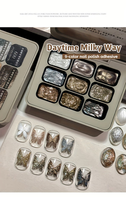 Shimmer Nail Art Gel Nine-Color Grid Palette with Metallic Neutral or Milky Way Color Selection