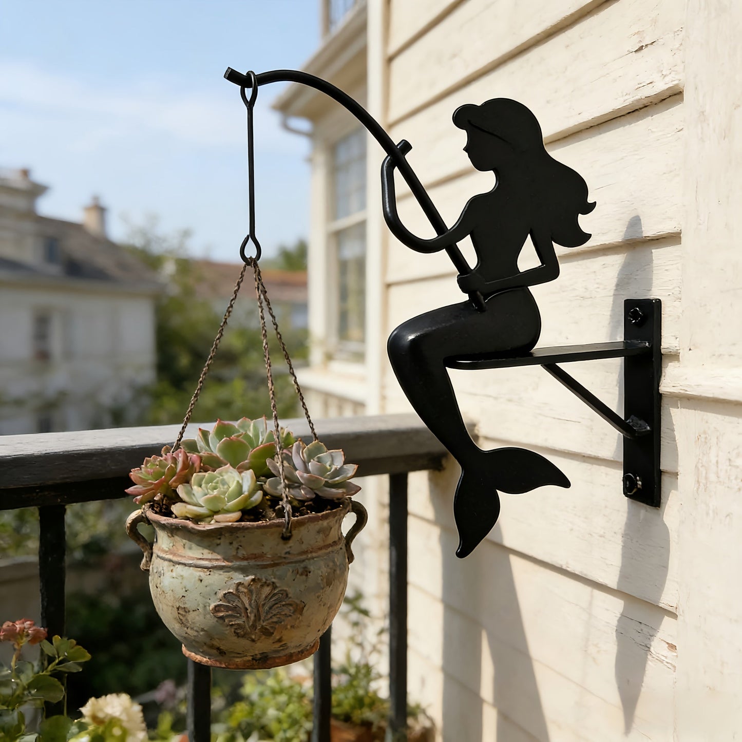 Mermaid Wall Planter Bracket with 9.05-Inch Silhouette, Hanging Hook and Black Metal-Look Finish