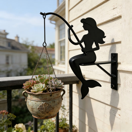 Wall Planter Hanging Iron Art Mermaid Flower Pot Holder for Balcony Vertical Garden - Creative Fisherman Theme Indoor Outdoor Plant Stand Shelf, Boho Wall Decor