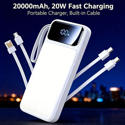 20000mAh Power Bank with Four Built-In Cable Leads, 20W Marking, Percentage Display and Three Colors