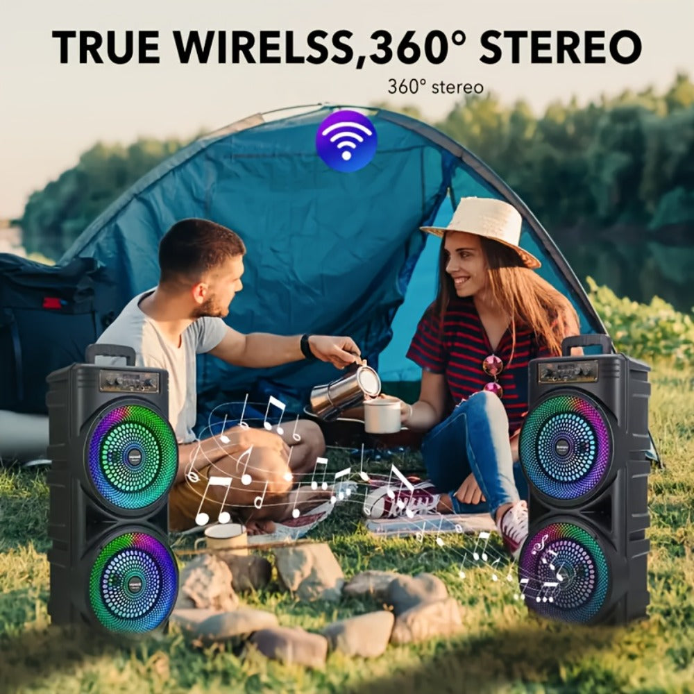 Dual 8.5-Inch Portable Party Speaker with RGB Lights, Bluetooth, TWS, FM, USB and Built-In Microphone