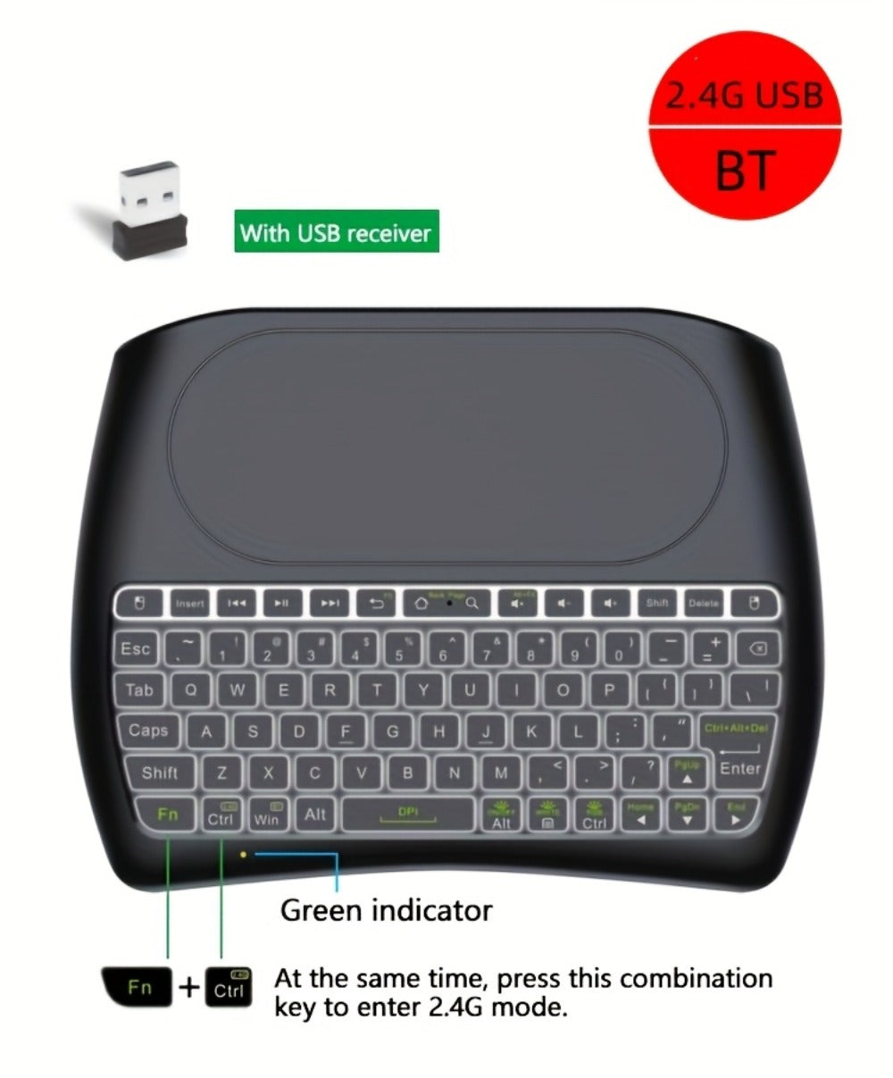 Wireless Mini Keyboard with Large Touchpad & 7-Color Backlight – Bluetooth & 2.4G Dual Mode Handheld Keyboard Remote Control, Rechargeable, USB Dongle, Plug and Play for TV Box PC Smart TV
