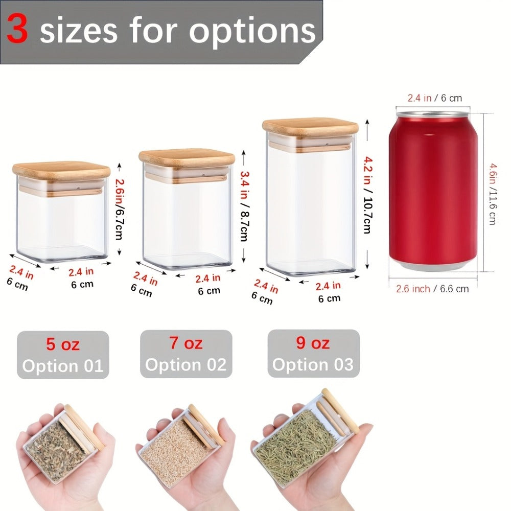 Twelve-Piece Square Glass Spice Jar Set with Bamboo-Style Lids, Labels and 7-Ounce Capacity