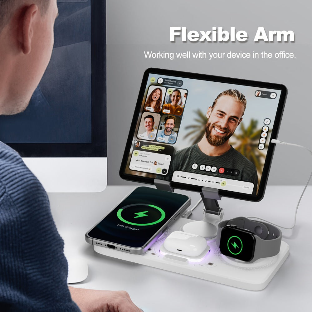 Wireless Charging Station, WLP Power 6-in-1 15W Dock with Clock, Atmosphere Light and Four-Device Layout