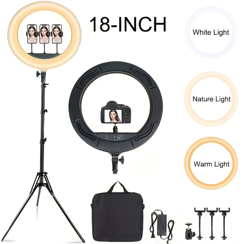18 Inch LED Ring Light with Stand & Carry Bag – Phone Holder Included, Dimmable Studio Light for Smartphone Camera Photography, Live Streaming, Selfie, Makeup & Video Recording