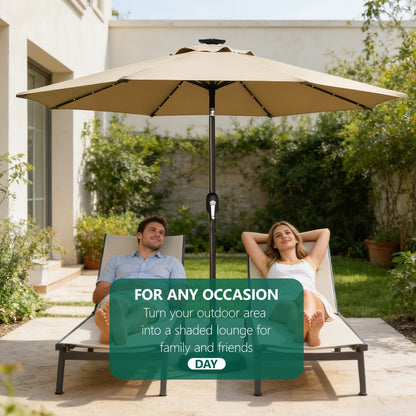 Patio Umbrella 9FT Solar LED Center-Pole Style in Sky Blue, Deep Blue or Khaki for Outdoor Shade