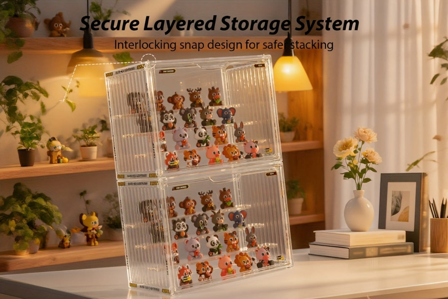 Large Four-Tier Clear Acrylic Figure Display Case with Magnetic Door and Stackable Desktop Design
