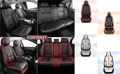 PU Leather Car Seat Cover Full Enclosure with Lumbar Support & Sponge Cushion – Two-Tone Sporty Design Universal Fit for Car Sedan Truck SUV (White-Black / Gray / Red-Black / Orange-Black)