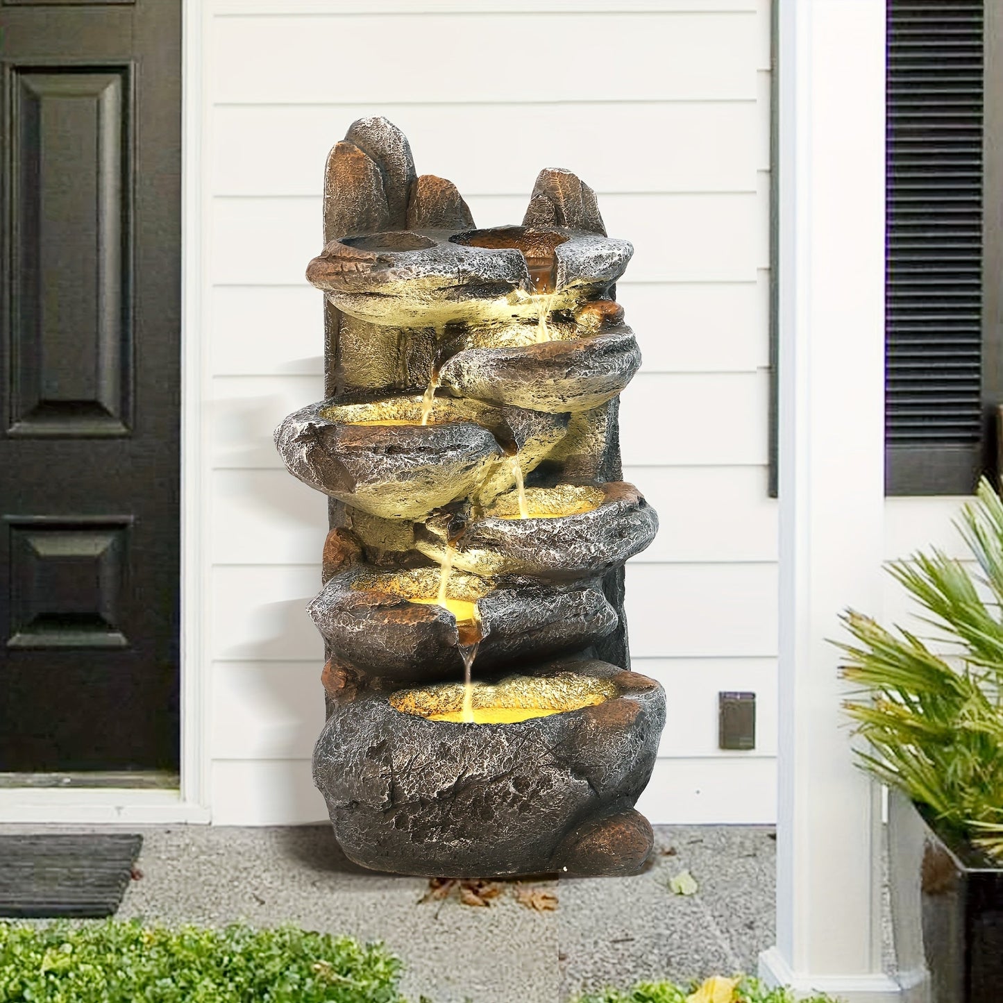 Outdoor Water Fountain 6-Tier Cascading Garden Fountain with LED Lights, Pump & Rocky Peak Decor – IPX5 Waterproof Stone Waterfall for Yard Patio