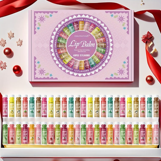Lip Balm Gift Set 48pcs MISS FACTORX - Moisturizing Glycerin Lip Butter, Hypoallergenic Natural Finish for All Skin Types, Unisex Adult Lip Care Variety Pack, Valentine's Day & Mother's Day Gift for Her