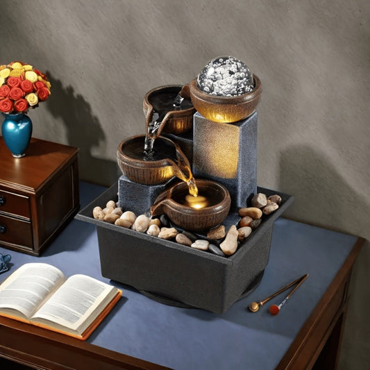 Tabletop Water Fountain Indoor – 4-Level Desktop Waterfall with LED Lights & Natural River Stones, USB Powered Meditation Fountain for Home Office Relaxation, Zen Desk Decor with Bubble Balls