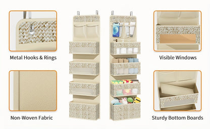2-Pack Over-The-Door Hanging Organizer with 5 Shelves & 4 Clear Pockets – Beige Rattan Storage Rack for Closet, Bedroom & Bathroom