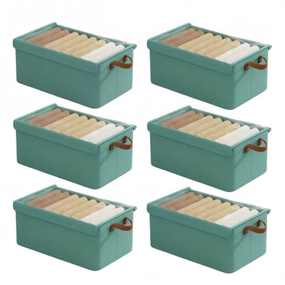 Foldable Clothes Storage Box with Transparent Lid 6-Pack, Stackable Wardrobe Organizer Bins with Steel Frame & Handles, Collapsible Fabric Closet Storage Boxes for Clothing Blankets Sundries, Green Beige Gray