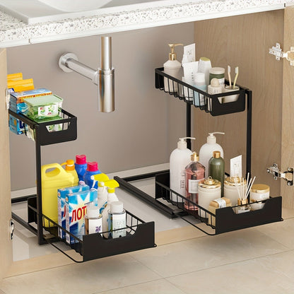 Two-Tier Sliding Under-Sink Organizer in Black, White or Gray with One- or Two-Pack Options
