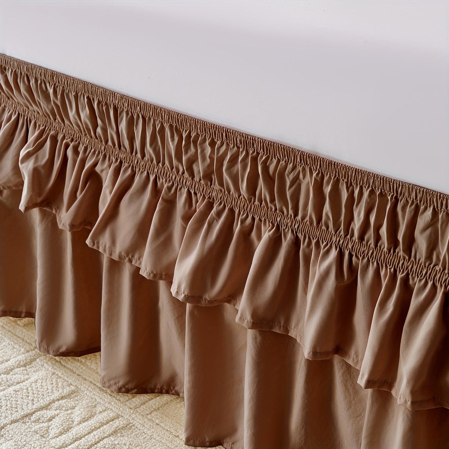 Double Ruffle Bed Skirt 16" Drop | Elastic Wrap Around Dust Ruffle for Twin Full Queen King Bed | Easy Install Machine Washable Soft Linen Poly Blend Bedskirt