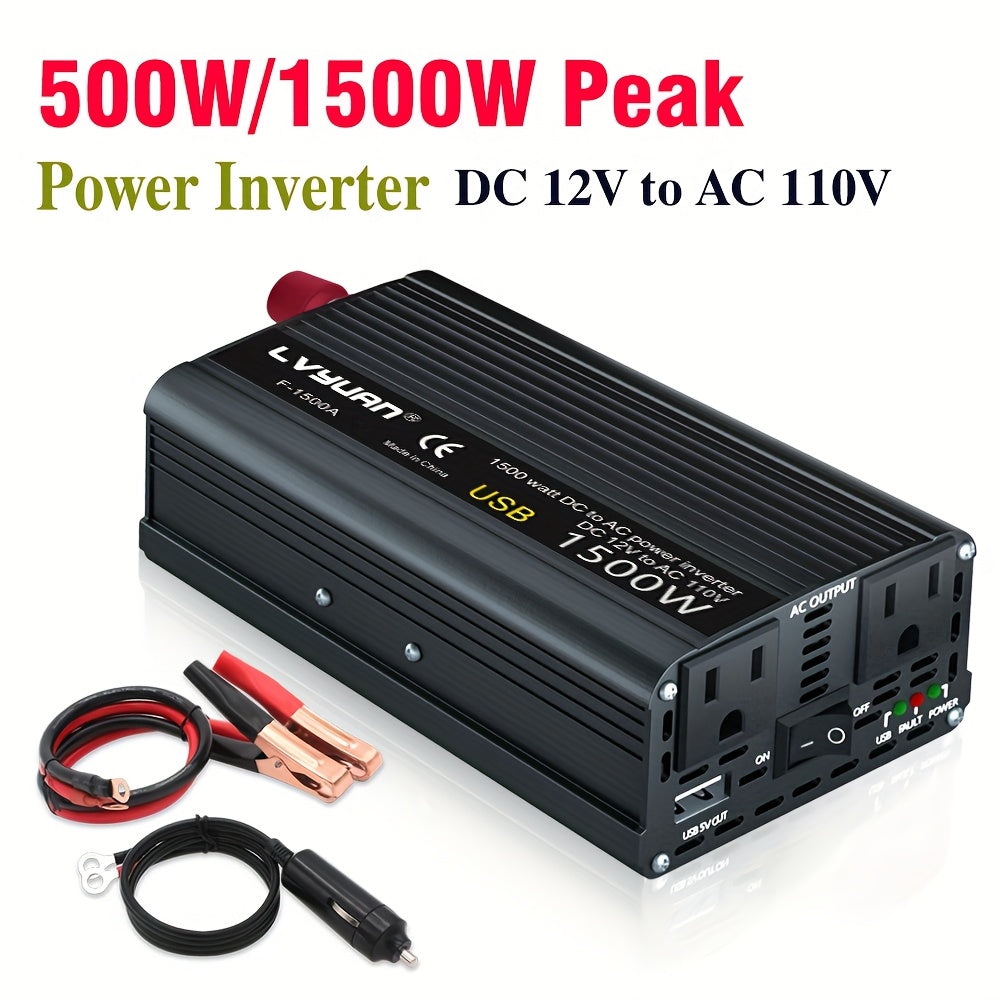 Car Power Inverter 500W 12V to 110V AC Outlet Converter with QC3.0 USB Port for Vehicle Boat Truck RV Portable Auto Power Adapter 200W Rated American Standard Socket Black Red