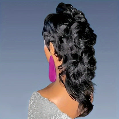 Pixie Cut Mullet Wig with Bangs Curly Wave Synthetic Hair 150% Density Rose Net Cap – Heat Resistant Short Layered Wig for Women Daily Wear Cosplay Fashion Black Burgundy 14 Inch