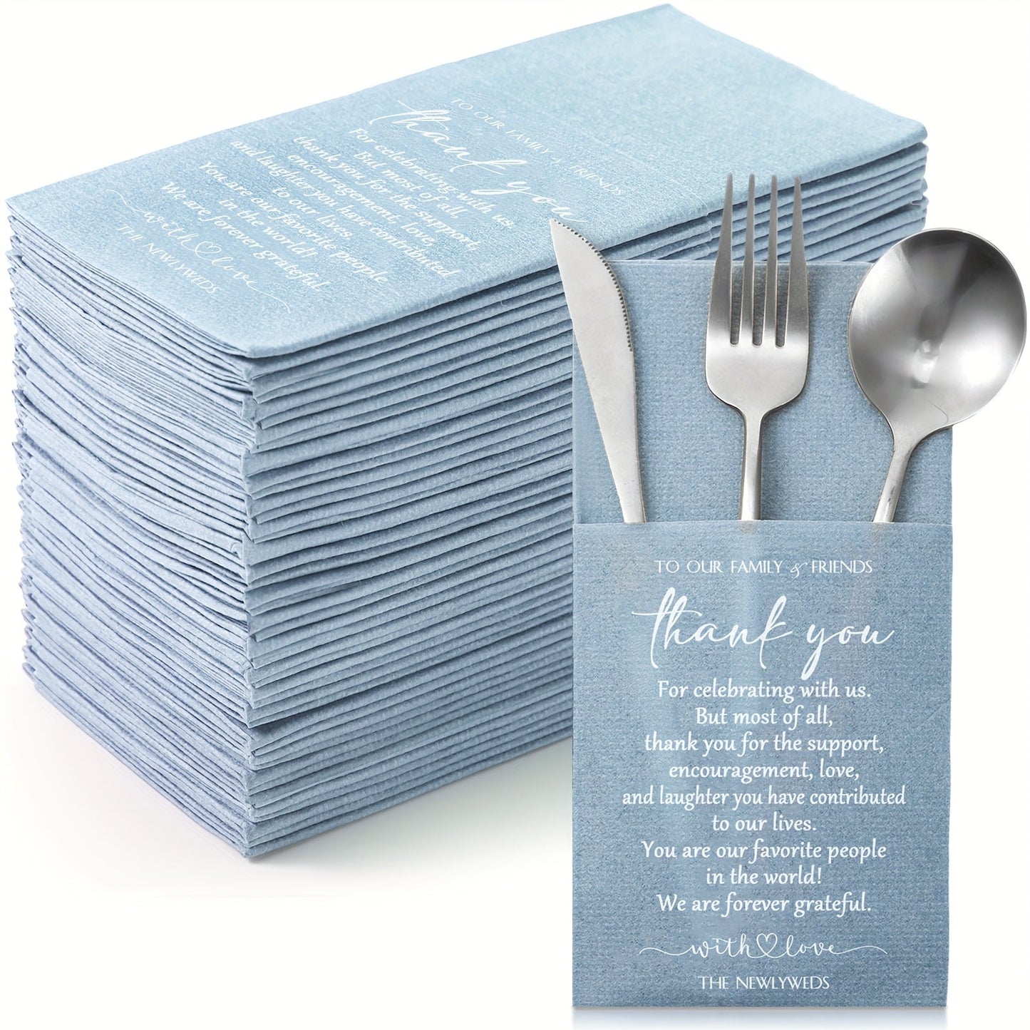 100-Piece Haze Blue Wedding Cocktail Napkin Set with Utensil Pockets for Receptions and Showers