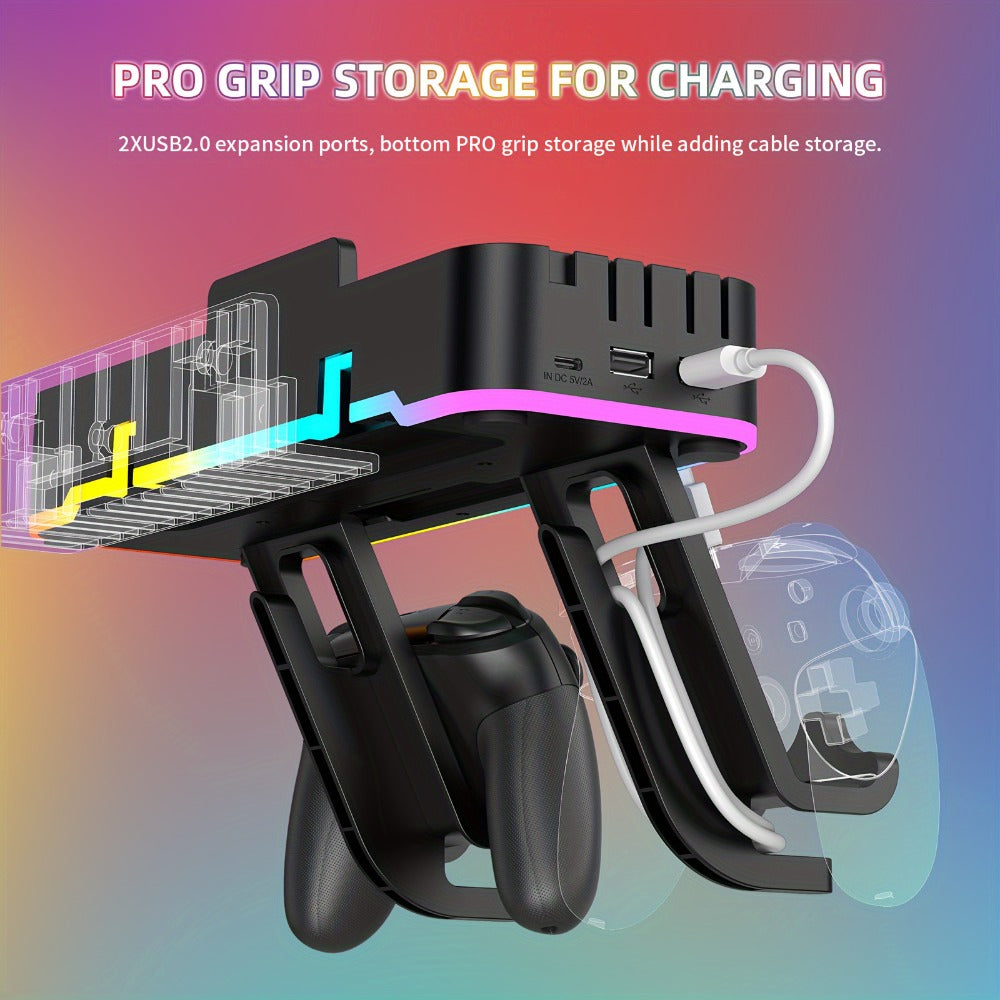 RGB Wall-Mount Organizer Compatible with Switch and OLED, Four Controller Bays, Ten Card Slots and Dual USB Ports
