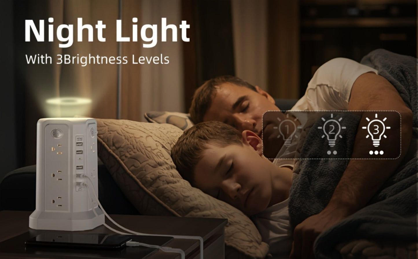 Night Light Power Tower Surge Protector 17-in-1, 12 AC Outlets & 5 USB Ports, 10.2ft Extension Cord, 4 Independent Switches, Overload Protection Charging Station for Home Office Dorm Room – White