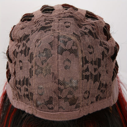 Synthetic Wig 24-Inch Straight Style with Red Highlights, A-Shape Bangs and Adjustable Rose Net Cap
