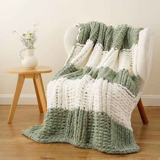Chunky Chenille Cable Knit Throw Blanket – 350-400gsm Soft Warm Crochet Throw for Sofa, Bed & Couch, Vintage Patchwork, 14 Colors
