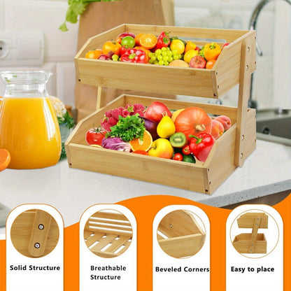 Fruit Rack Kitchen Organizer 2 or 3 Tier Natural Bamboo Freestanding Basket Shelf with Two Hooks
