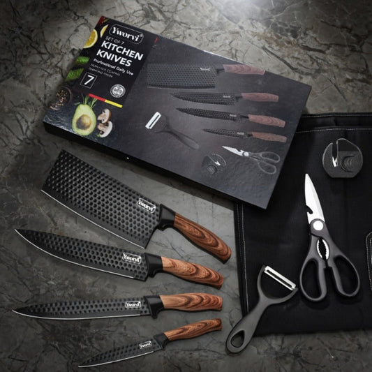 Chef Knife Set 7 Piece High Carbon Stainless Steel Ultra Sharp – Anti-Stick Ergonomic PP Handle, Includes Slicing Knife, Scraper, Scissors & Whetstone, Gift Box for Home, Family & Travel