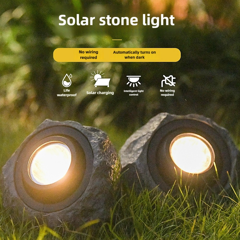 Solar Garden Light Rock Set of 2 with Warm White LEDs, IP44 Rating and Ground-Stake Installation