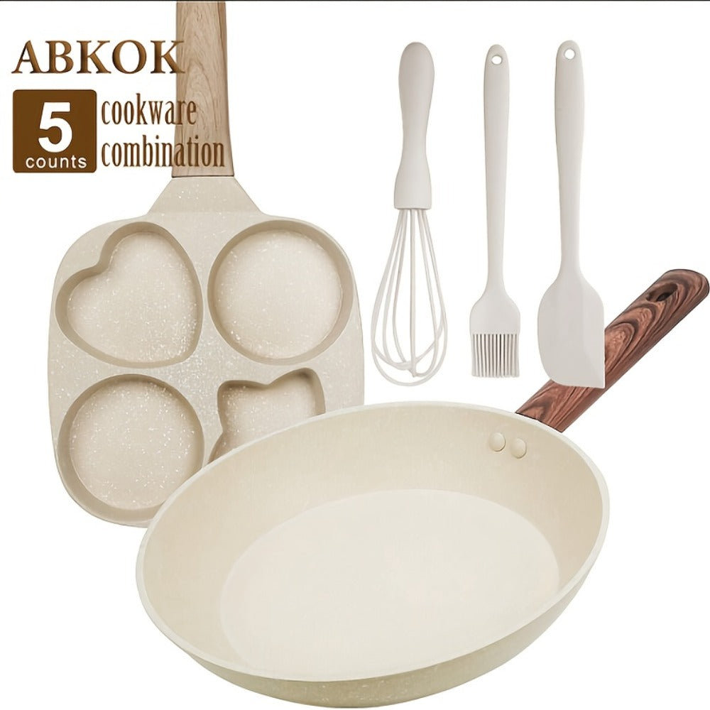 Cookware Set ABKOK 5-Piece Beige Frying Pan, Divided Breakfast Pan, Whisk, Brush and Spatula
