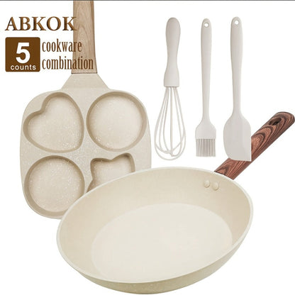 Cookware Set ABKOK 5-Piece Beige Frying Pan, Divided Breakfast Pan, Whisk, Brush and Spatula