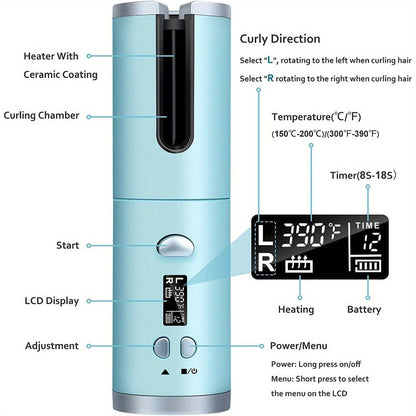Cordless Automatic Hair Curler USB Rechargeable Rotating Curling Iron 6 Heat Settings LCD Display Auto Shut-Off Fast Heat-Up Storage Bag 4 Hair Clips Comb All Hair Types Women Blue Pink Gray Gradient
