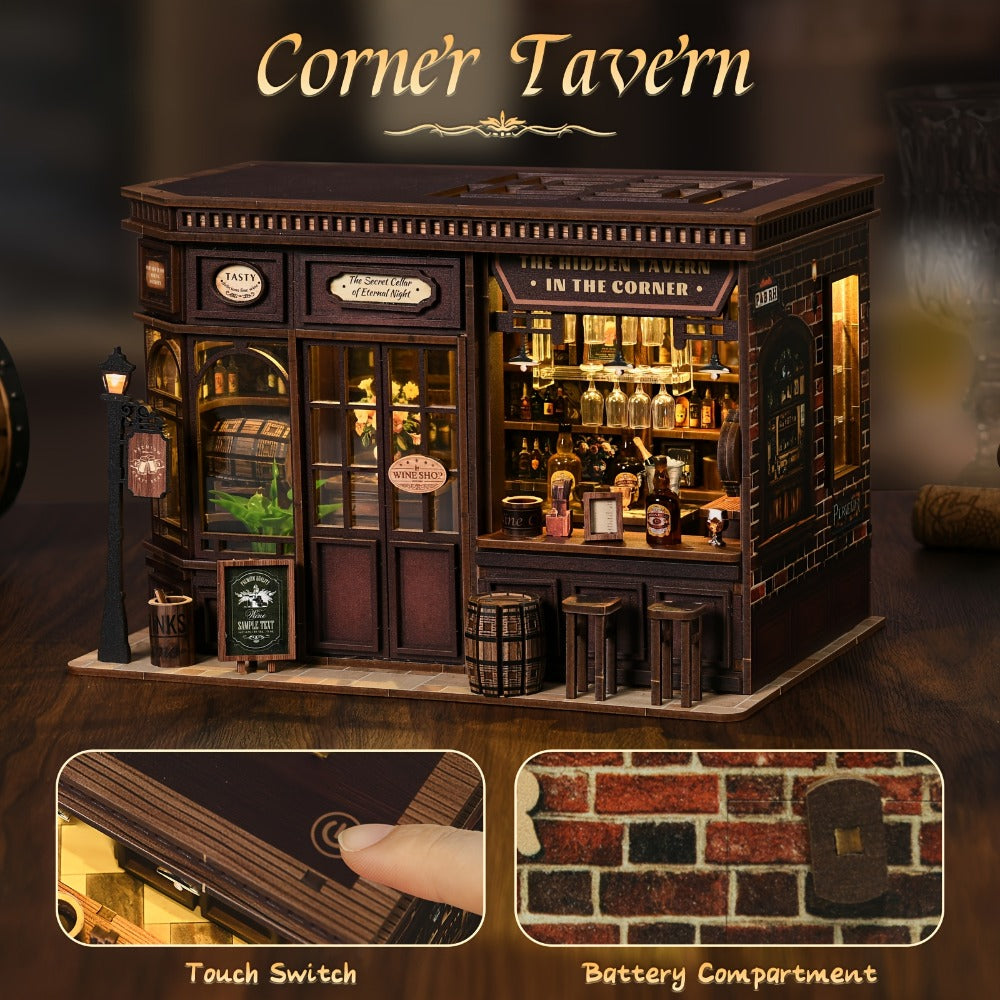Corner Lounge Book Nook Kit with 327-Piece Tavern Storefront Scene, Illuminated Interior and Touch Switch