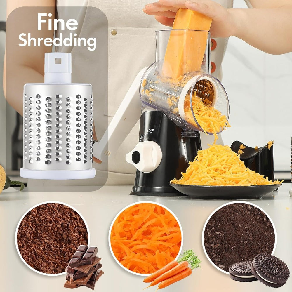 Rotary Cheese Grater – Stainless Steel Hand Crank Shredder with 3 Interchangeable Blades, Non-Slip Suction Base & Cleaning Brush, BPA-Free Vegetable Grater for Cheese, Nuts & Vegetables