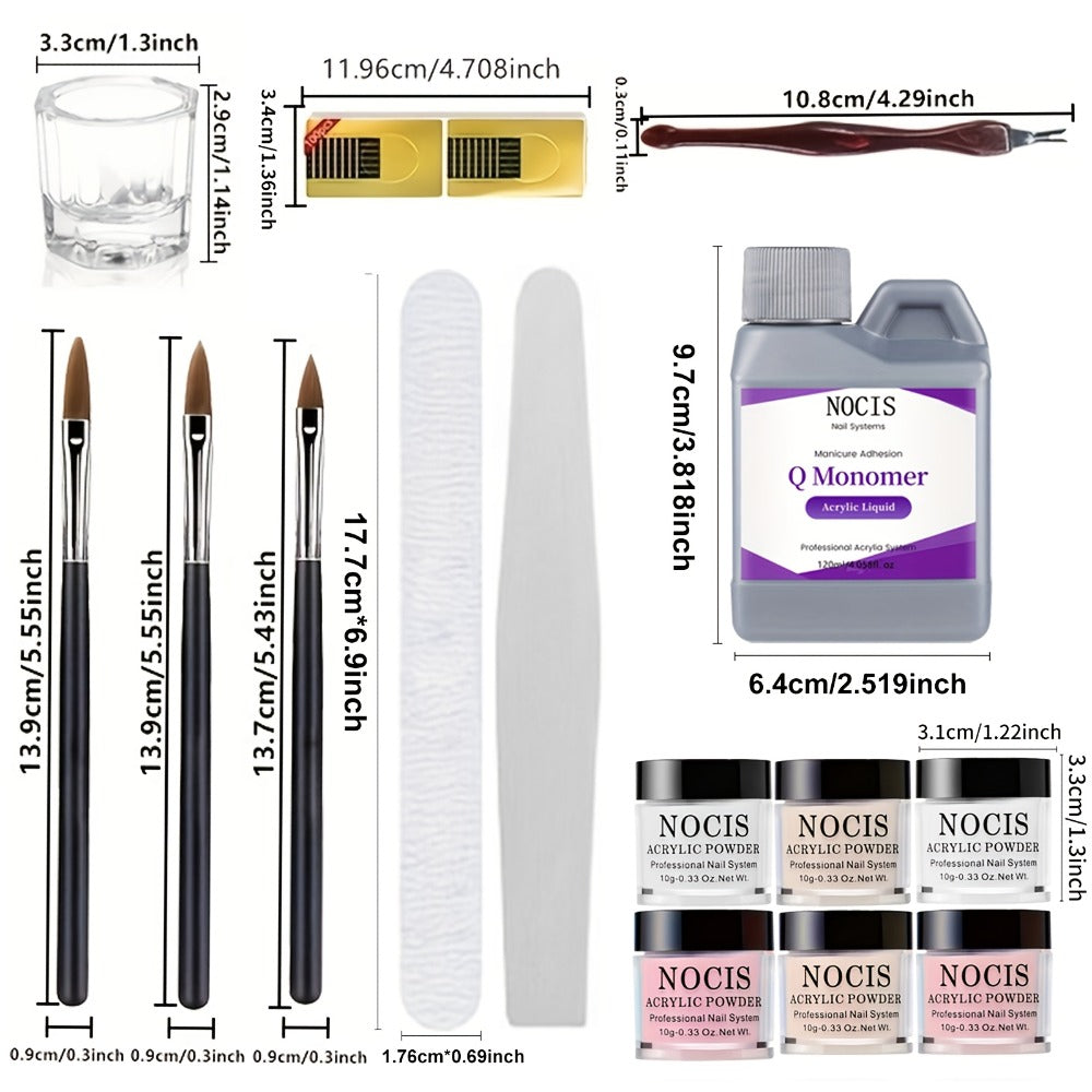 Six-Color Acrylic Nail Powder Set with Monomer Bottle and Application Tool Assortment in Three Set Codes