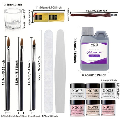 Six-Color Acrylic Nail Powder Set with Monomer Bottle and Application Tool Assortment in Three Set Codes