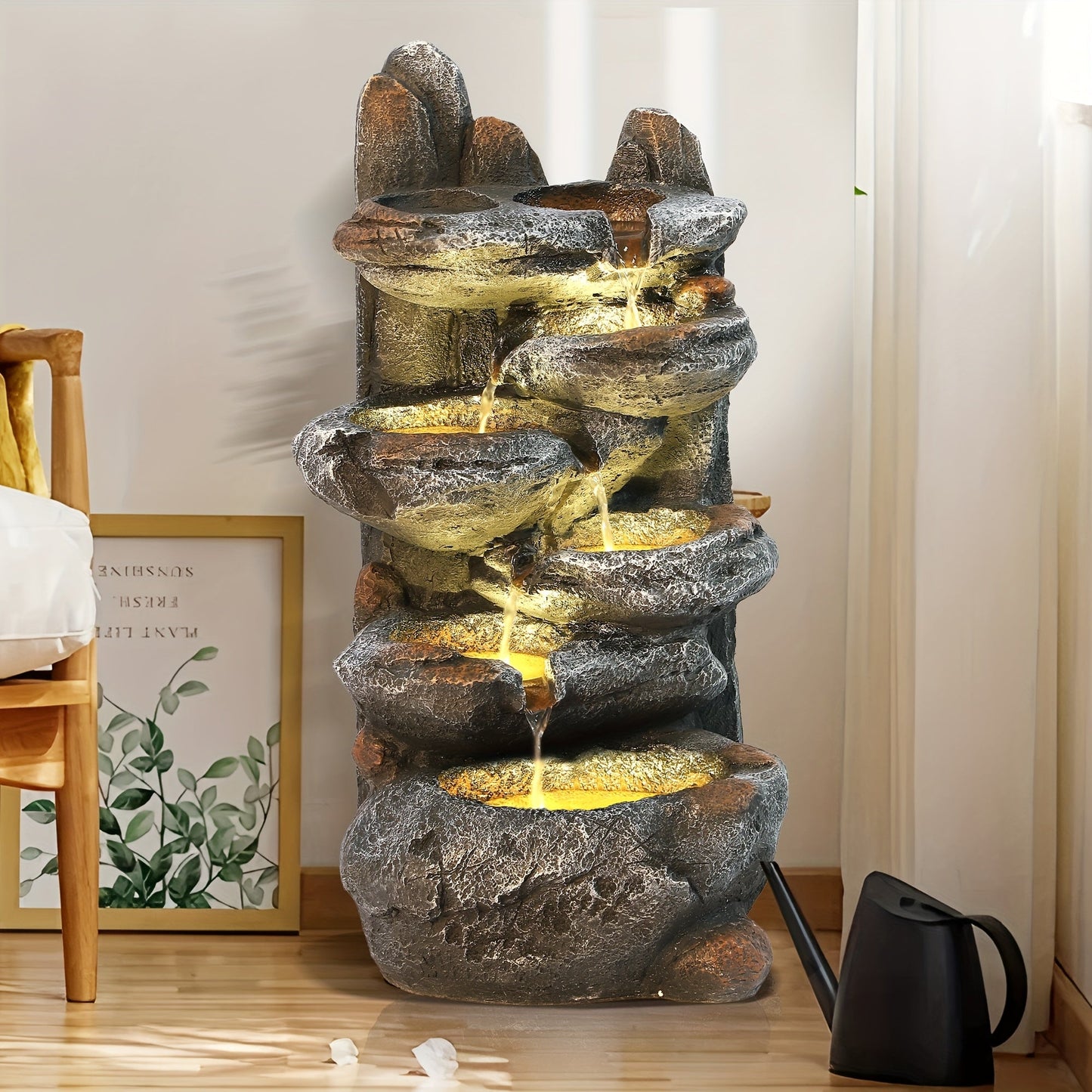 Outdoor Water Fountain 6-Tier Cascading Garden Fountain with LED Lights, Pump & Rocky Peak Decor – IPX5 Waterproof Stone Waterfall for Yard Patio