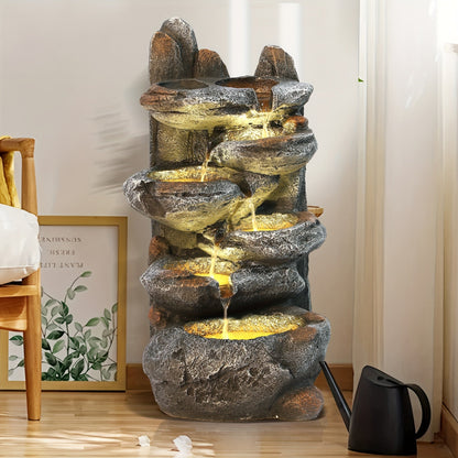 Outdoor Water Fountain 6-Tier Cascading Garden Fountain with LED Lights, Pump & Rocky Peak Decor – IPX5 Waterproof Stone Waterfall for Yard Patio